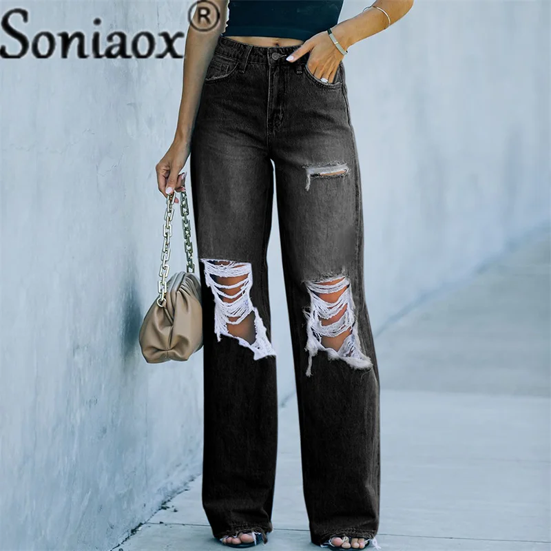 Women Ripped Wide Legs Jeans Streetwear Female High Waist Baggy Straight Leg Pants Casual Solid Hole Boyfriend Denim Trousers