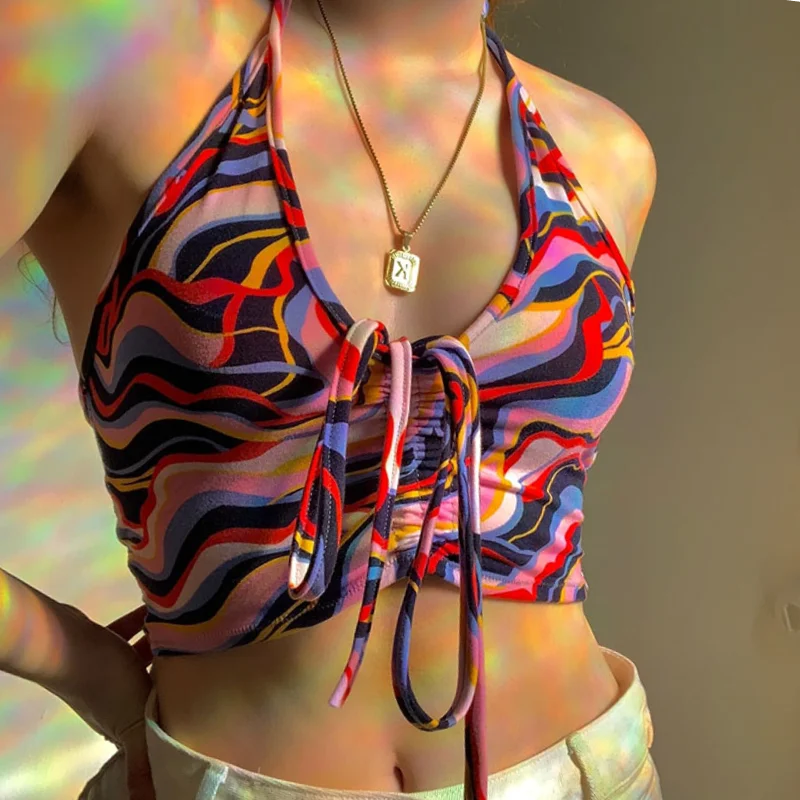 

Paisley Gedrukt Crop Top Esthetische Halter Top Ruches Tie Up Camis Vrouwen Vintage Sweats Strand Vakantie Top 90S Vesten Y2k
