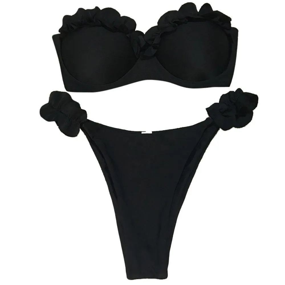 Однотонный милый женский купальник с бантом и чашками пуш-ап большой размер |