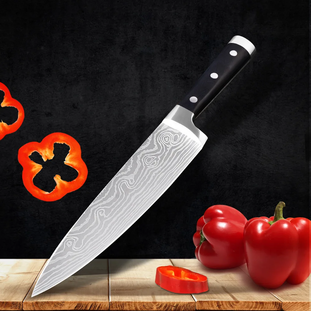 

Kitchen 8inch Stainless Steel Utility Cleaver Chef Knife Damascus Drawing Meat Santoku vegatable fruit Cooking Tool Gift Box