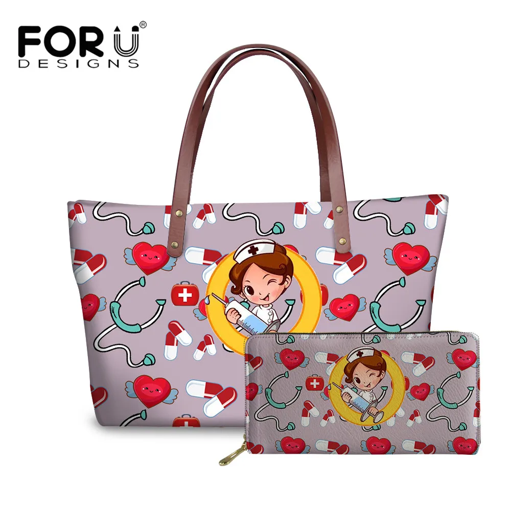

FORUDESIGNS 2Pcs Handbag Set Cartoon Nursing Medical Pattern Women's Shoulder Bag Fashion Large Capacity Ladies Tote Bag Mujer
