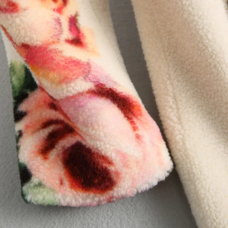 Spring New High Quality Fashion Thick Warm Fur Sheep Shearing Coat Winter Women's Wool Jacket Long Print Floral Flower Overcoat