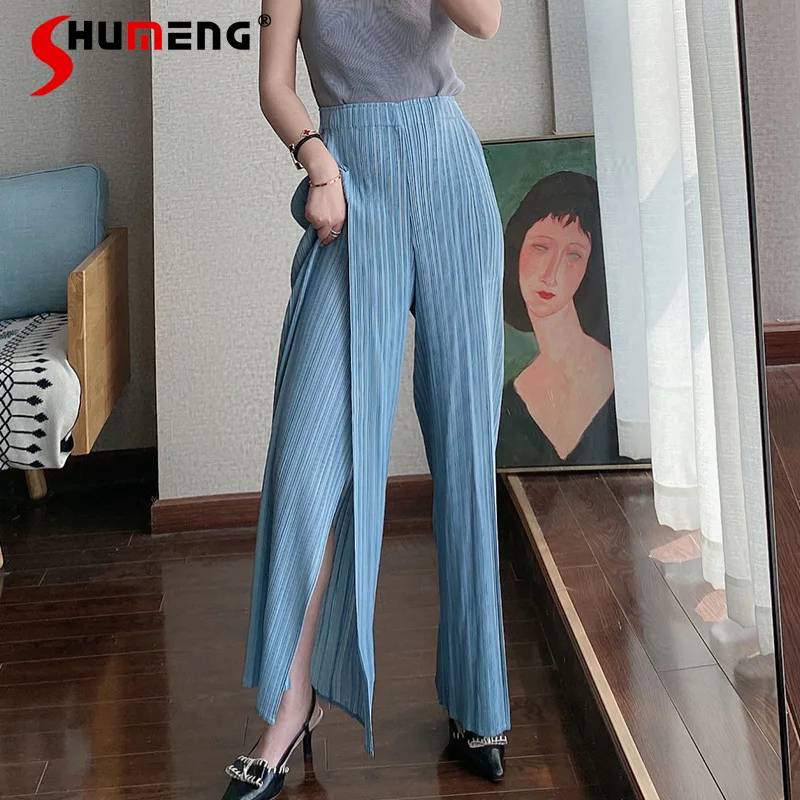 

Модные Простые дышащие брюки в Корейском стиле, женские весенние удобные плиссированные длинные широкие брюки с высокой талией и разрезом, ...