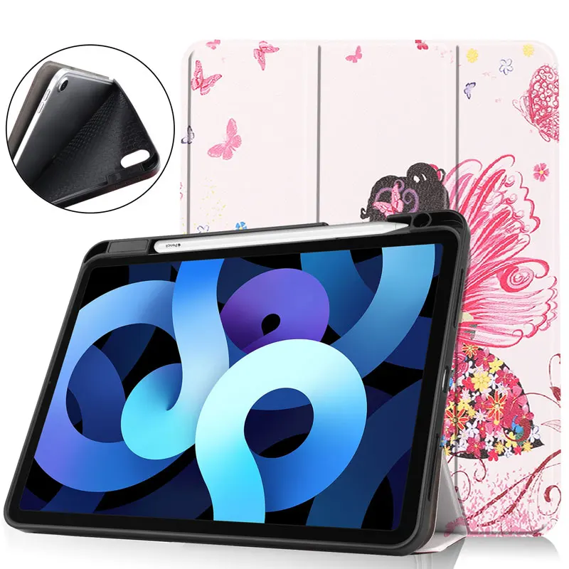 

Protective Case For iPad Air 4 10.9 inch Tablet Auto Sleep Wake Smart Cover Sleeve Slim Flip 3 Foldable Stand with Stylus Slot