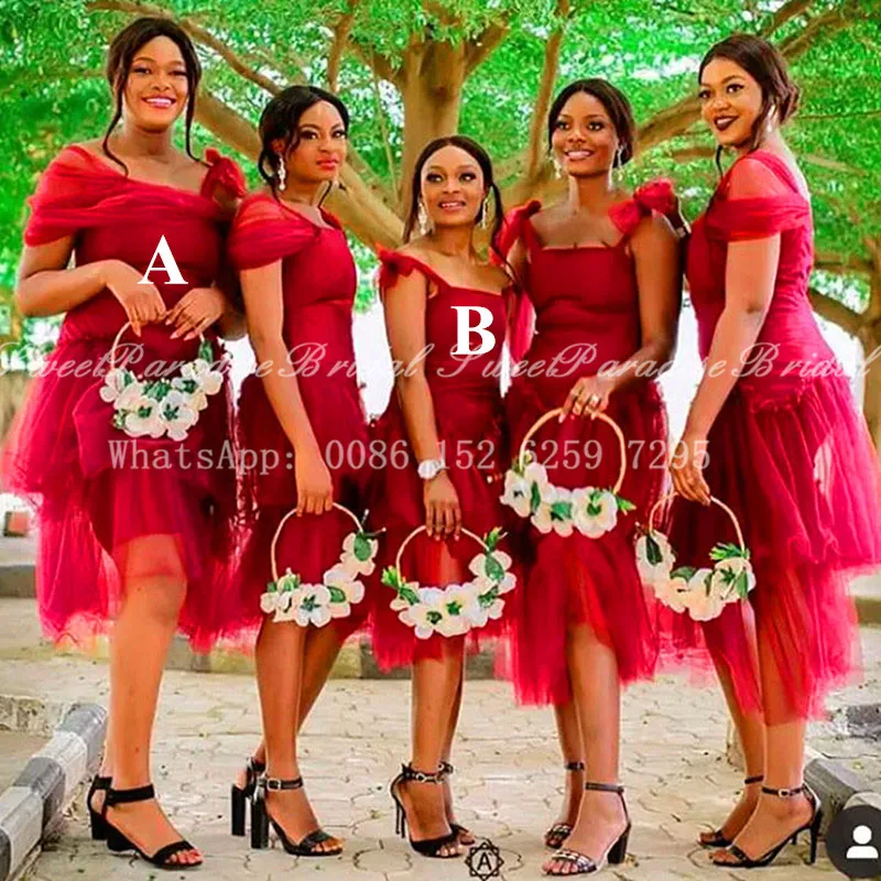 

Red Tulle Short Bridesmaid Dresses Vestido De Fiesta De Boda 2020 Scoop Neck Tiered A Line Wedding Party Dress Formal Gown
