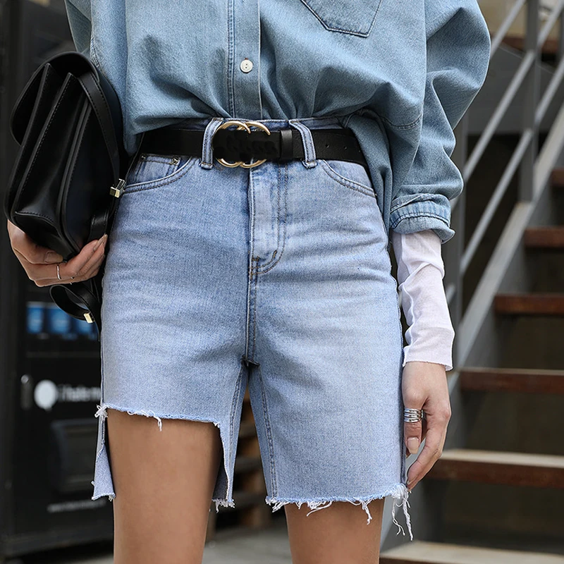 Mozuleva Fashion High Waist Blue Destroy Ripped Denim Shorts Female Summer Street Casual Pockets Tassels Women Jean | Женская одежда