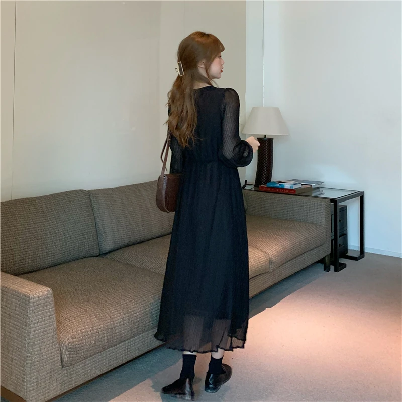 

Elegant Dress Women Casual Lace Long Sleeve One-Piece Dress Female 2021 Autumn Korean Button Evening Party V-Neck Vintage Dress