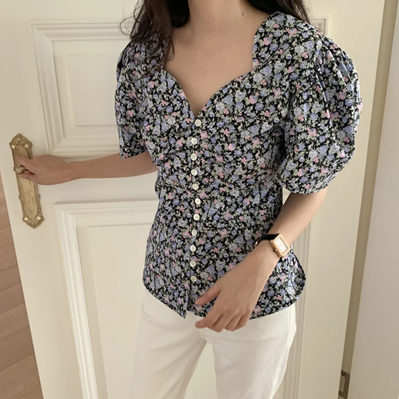 

GALCAUR Print Gingham Button Through Blouse For Women V Neck Puff Sleeve Slim Colorblock Womens Shirts 2021 Summer Clothing New