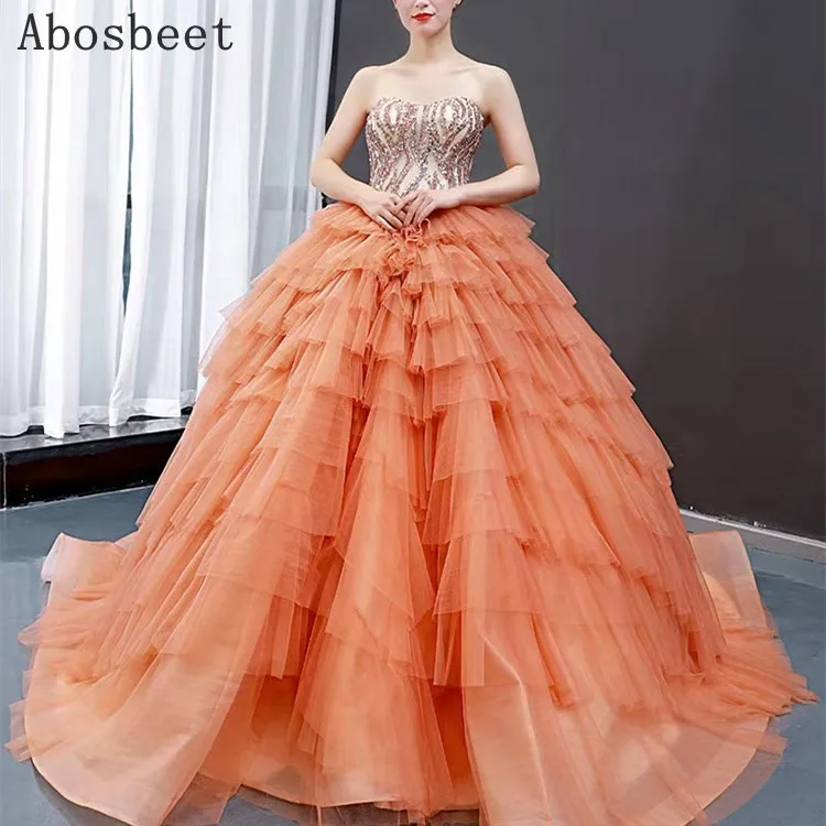 Shining Beading Ball Gown Evening Dress 2021 Puffy Gown Court Train Elegant Sweetheart Neck Orange Long Formal Evening Prom Gown
