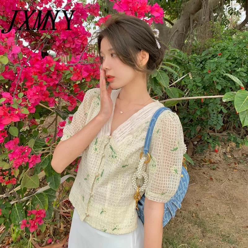 

JXMYY 2021 Fashion New Summer Comfortable All-match Ladies V-neck Short Sleeve Shirt Embroidered Top Women