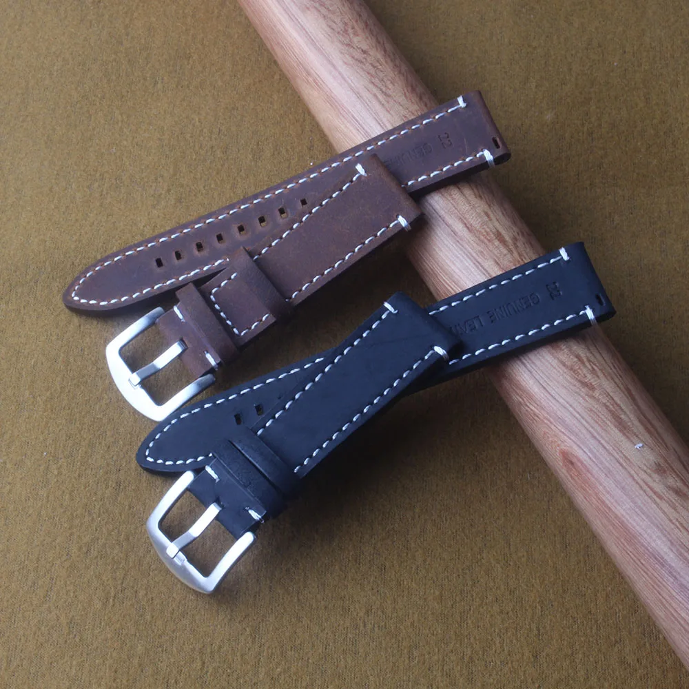 

High Quality Cowhide Genuine Leather Watch Strap Watchband Men's Black Brown Bracelets bands white stitched 18mm 20mm 22mm 24mm