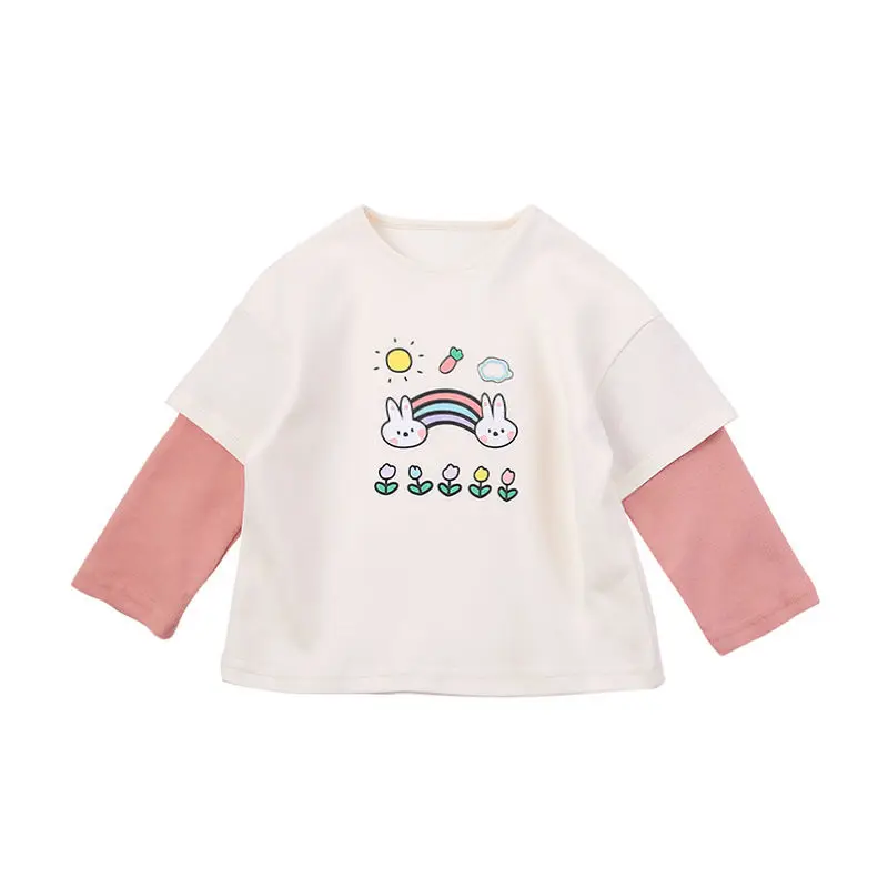 

Футболка с длинным рукавом для девочек, новинка 2021, детская Корейская версия рубашки с имитацией двух частей, топ с прострочкой для малышей, ...