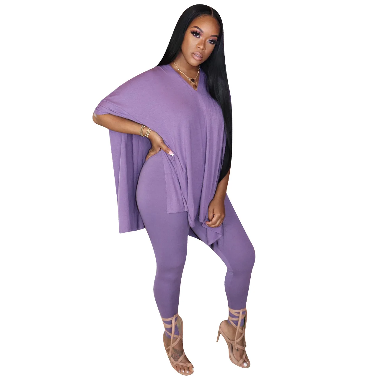 

Cutubly Loose Slit Casual Two Piece Sets Solid Two Piece Sets for Women V-Neck T-Shirts Pants Set Streetwear Outfits Summer 2020