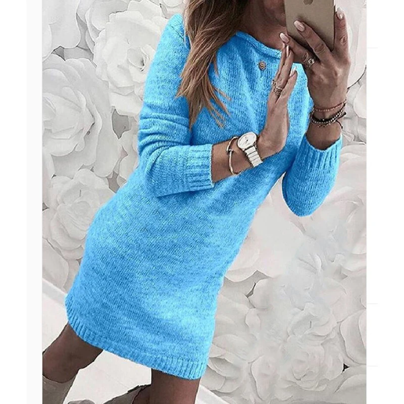 

New Fashion 2020 Autumn Winter Round Neck Long-sleeved Sweater Women's Long Knitting Wild Warm Loose Casual Solid Color Sweater