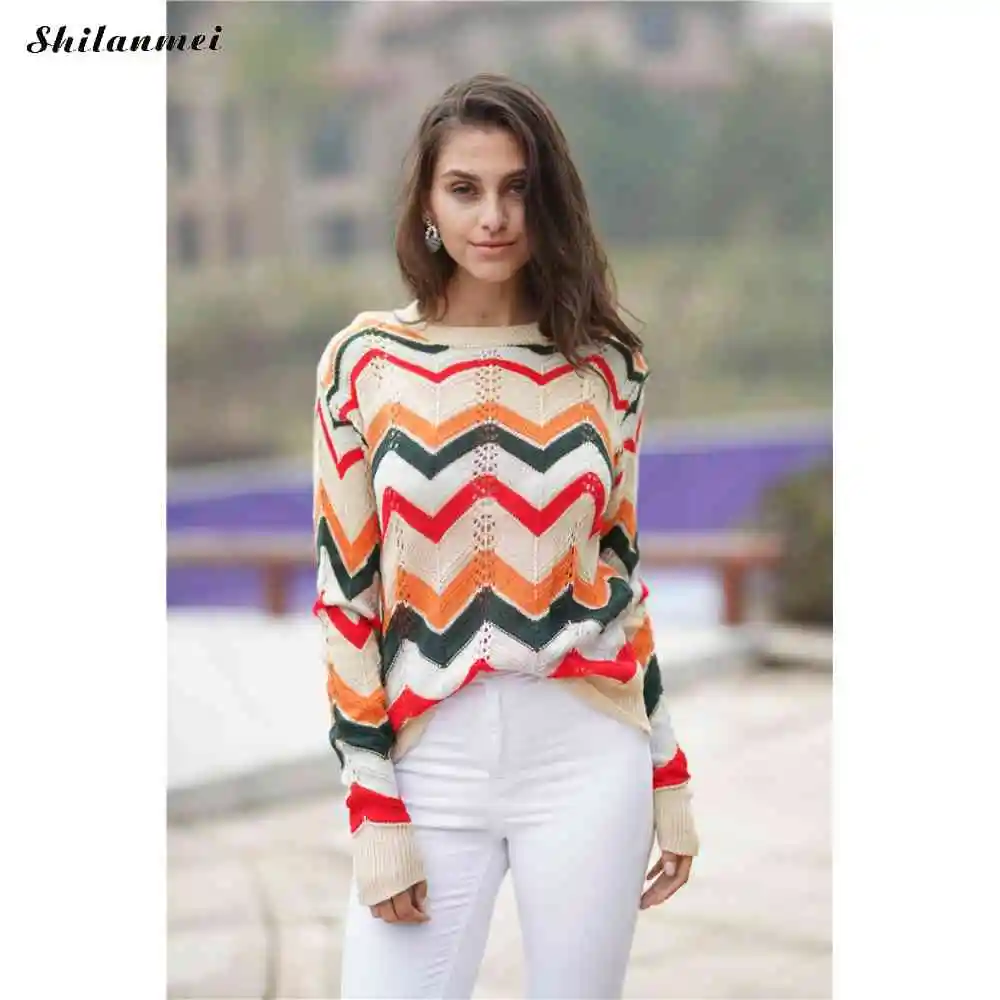 

Fashion Winter Sweaters Pullover Striped Casual Loose Pullover 2019 Korean Sweater Knitted Women Vintage Hit Color Sweater Pull
