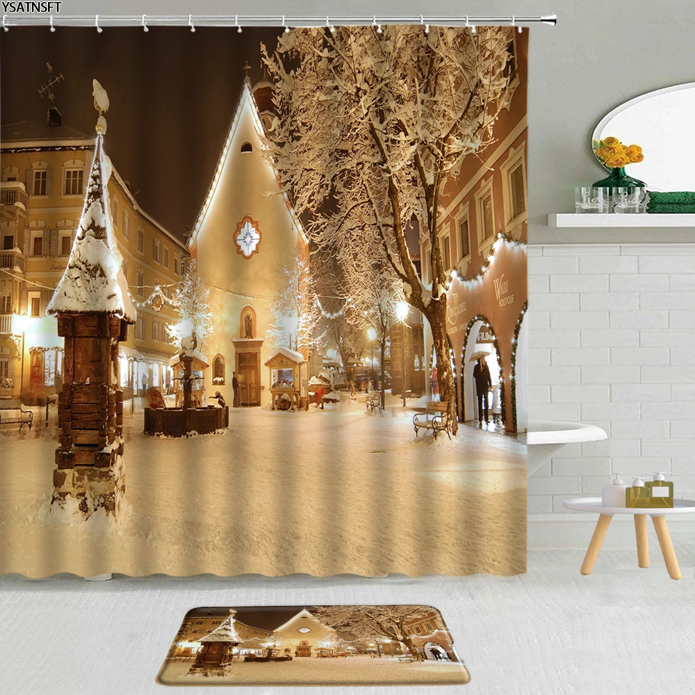 

2Pcs Christmas Tree Street View Shower Curtain Santa Claus Snowman Fireplace Fabric Non-Slip Bath Mat Pad Bathroom Curtains Set