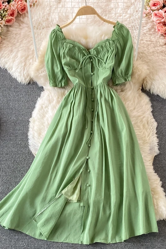 

Korean Ruffled collar dress women's short sleeve high waist draw string Single Breasted Vintage robe summer new 2021 Maxi Dress