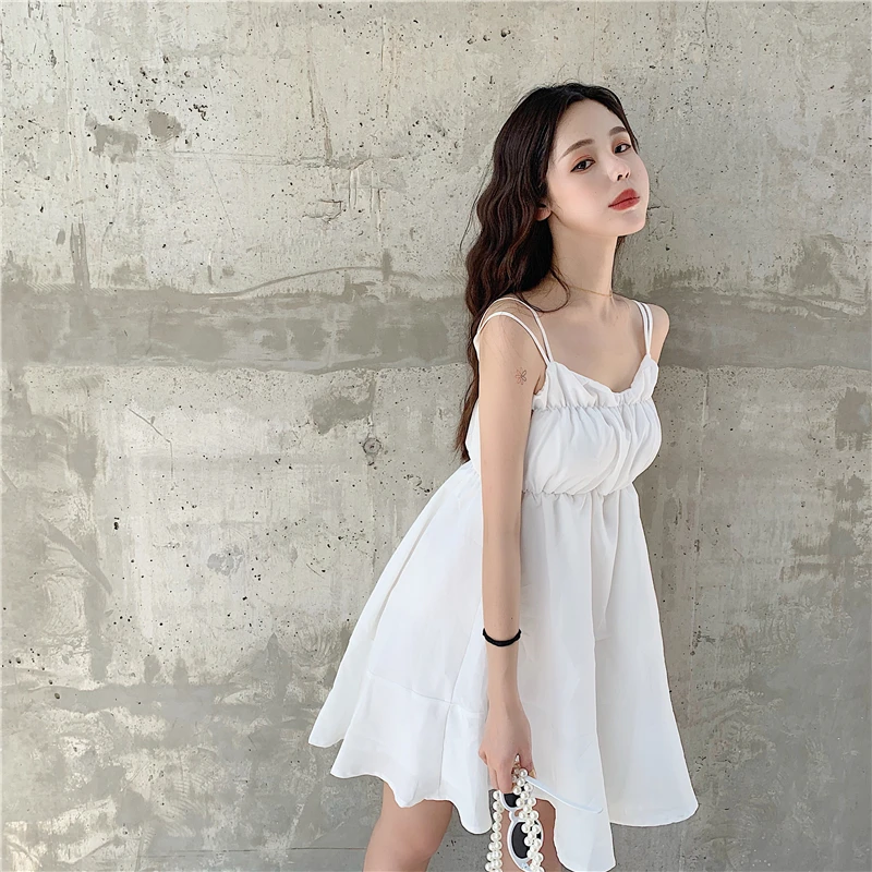 summer v-neck solid color sweet spaghetti strap mini-dress fashion brand Back cross Women's Clothing modis vestidos Korean style | Женская