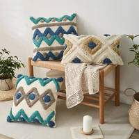 moroccan cushion cover embroidered tufted pillow cover geometric blue beige decorative pillowcase for bedroom sofa home decor