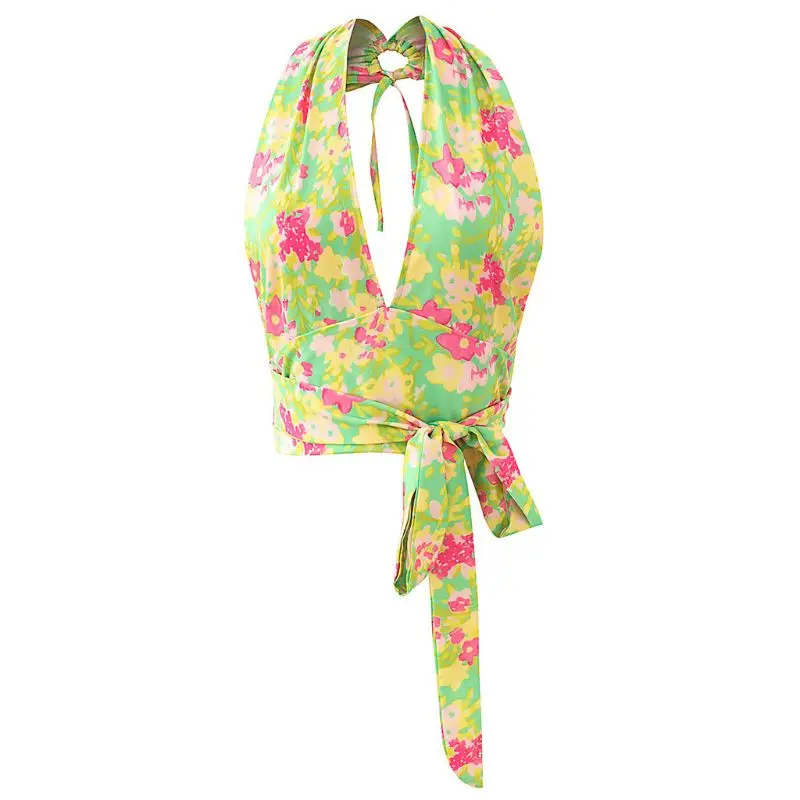 

Women Sleeveless Halter Floral Crop Top Sexy V-Neck Backless Tie Knot Camis Vest