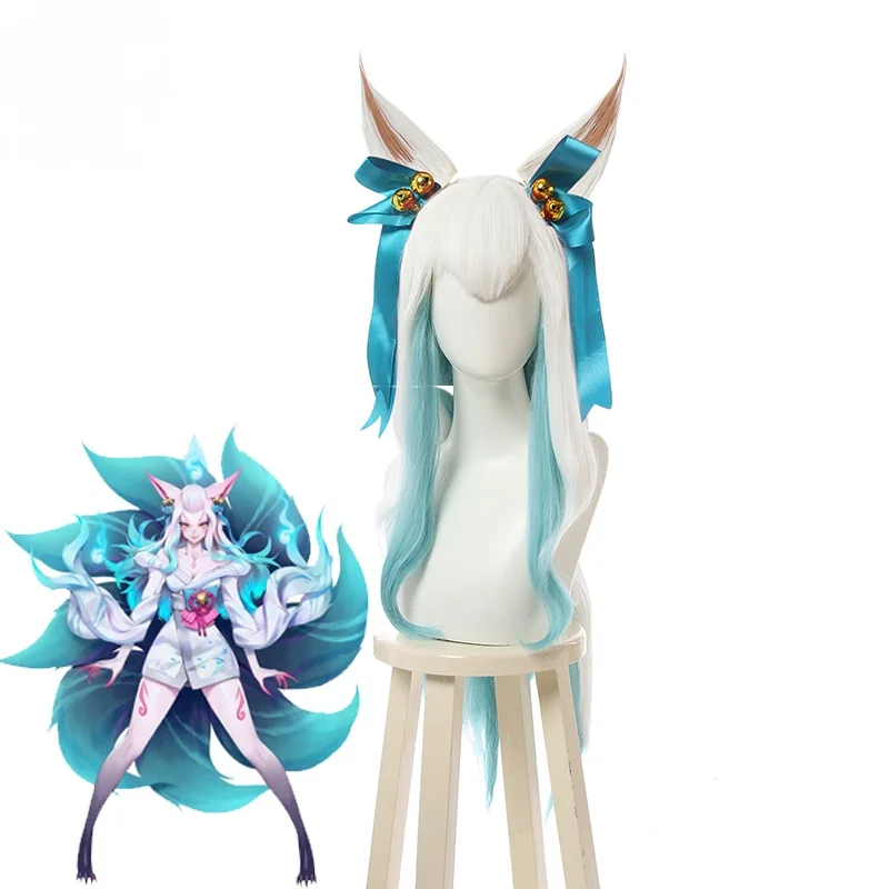 

Game LOL Spirit Blossom Ahri Cosplay Wig LOL Cosplay White Ahri Wigs White Mixed Blue 80CM Long Hair Women Headwear