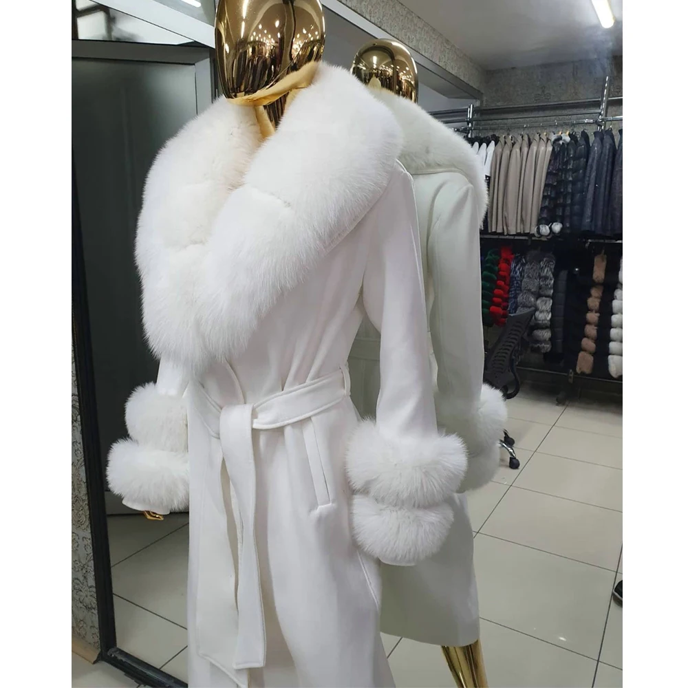Long White Fox Fur Cashmere Coats Real Women Winter Fashion Whole Skin Fox Fur Wool Blends Coats with Belt Slim Woman Overcoats enlarge
