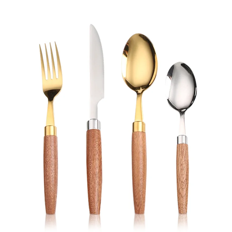 

4pcs 304 Stainless Steel Dinnerware Sets Gold Wooden Tableware Western Food Knife Fork Teaspoon Cutleries