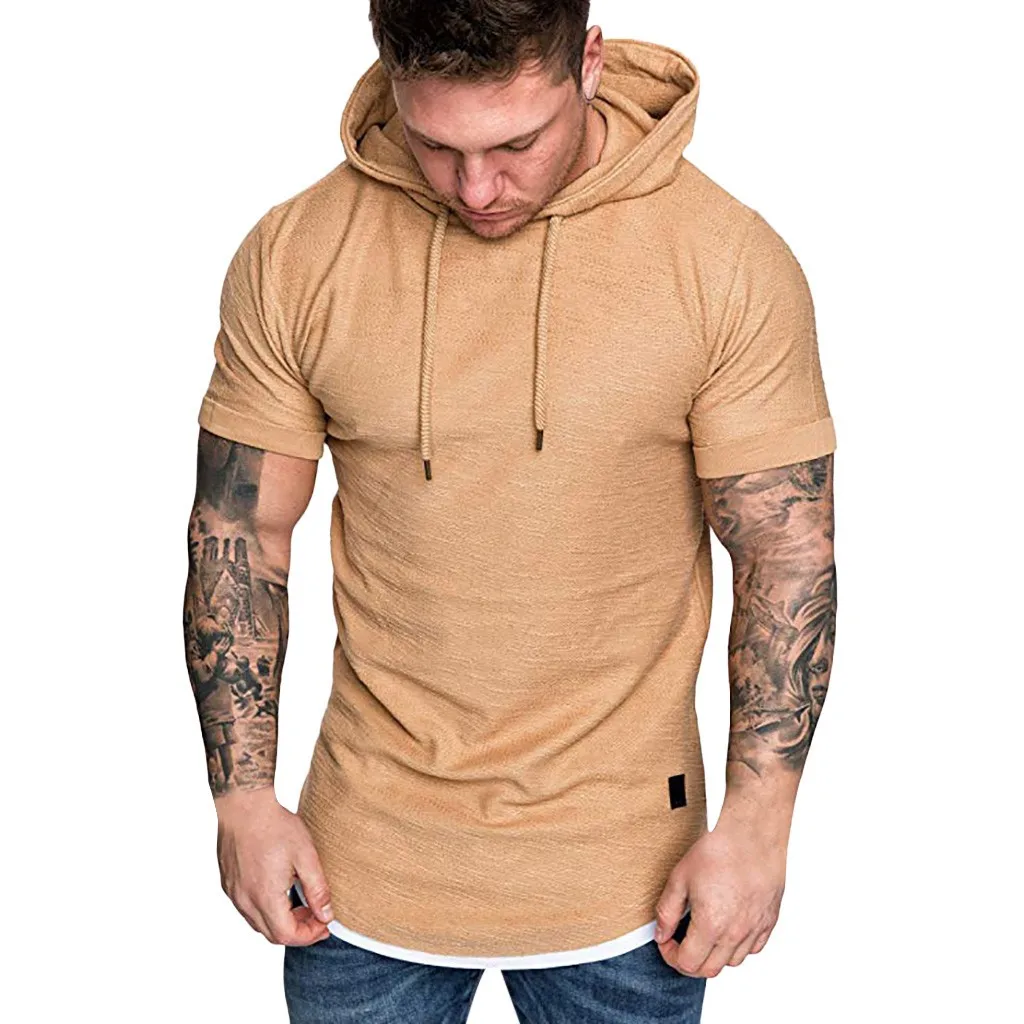 

2021 High Quality Trendy Men's Short Sleeve T-shirt With Hooded Collar Popular Large Size Hoodie Men's Solid Color Outdoor Casua
