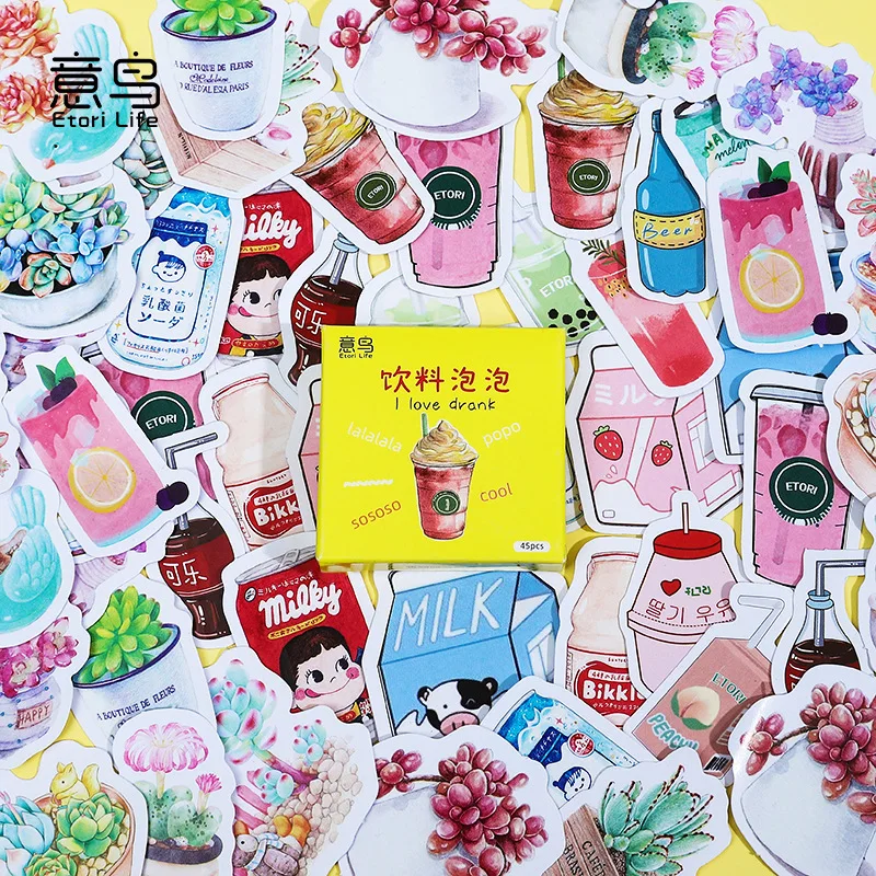 45 Pcs Coffee Milk Drink Paper Stickers Kawaii Paper Stickers For Water Cup Stationery Diy Scrapbooking Diary Album Decals