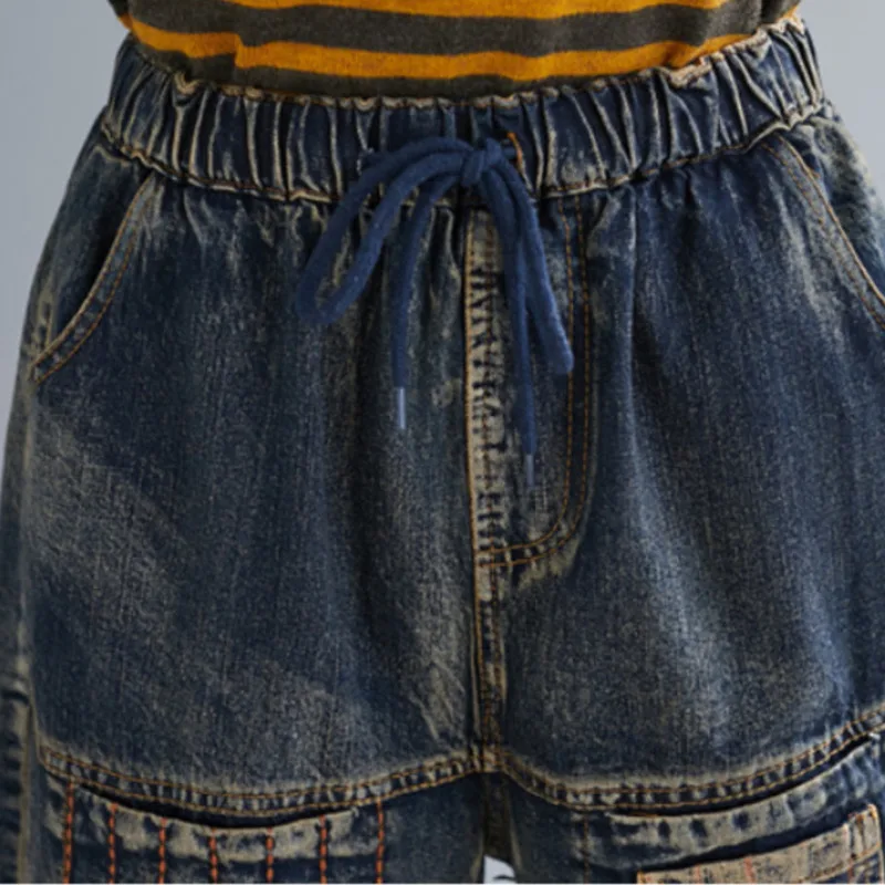 

#0173 Korean Jeans Women Plus Size High Wasit Lace Up Harem Pants Female Vintage Cotton Spring Denim Pants Ladies Elastic Waist