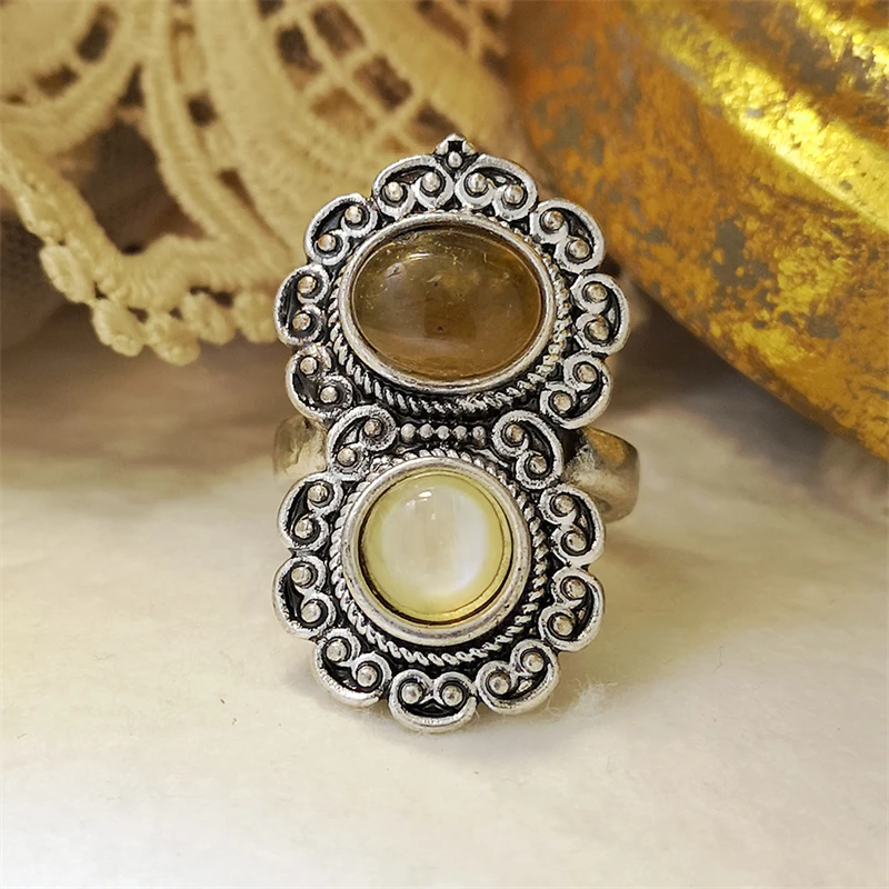 

Simple Retro Style Symmetrical Design Pattern Gemstone Ring Boho Style Exquisite Lady Jewelry Best Gift For Birthday Party