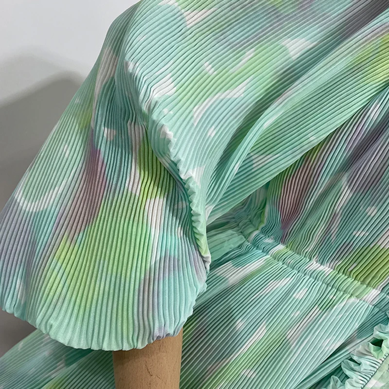 

CHICEVER Bohemian Tie Dye Pleated Dress For Women Stand Collar Lantern Long Sleeve High Waist Mini Dresses Female Spring Fashion