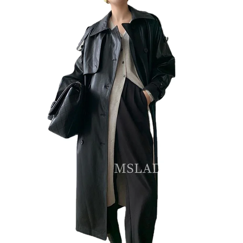 Фото Тренчкот женский из искусственной кожи модная двубортная куртка реглан с