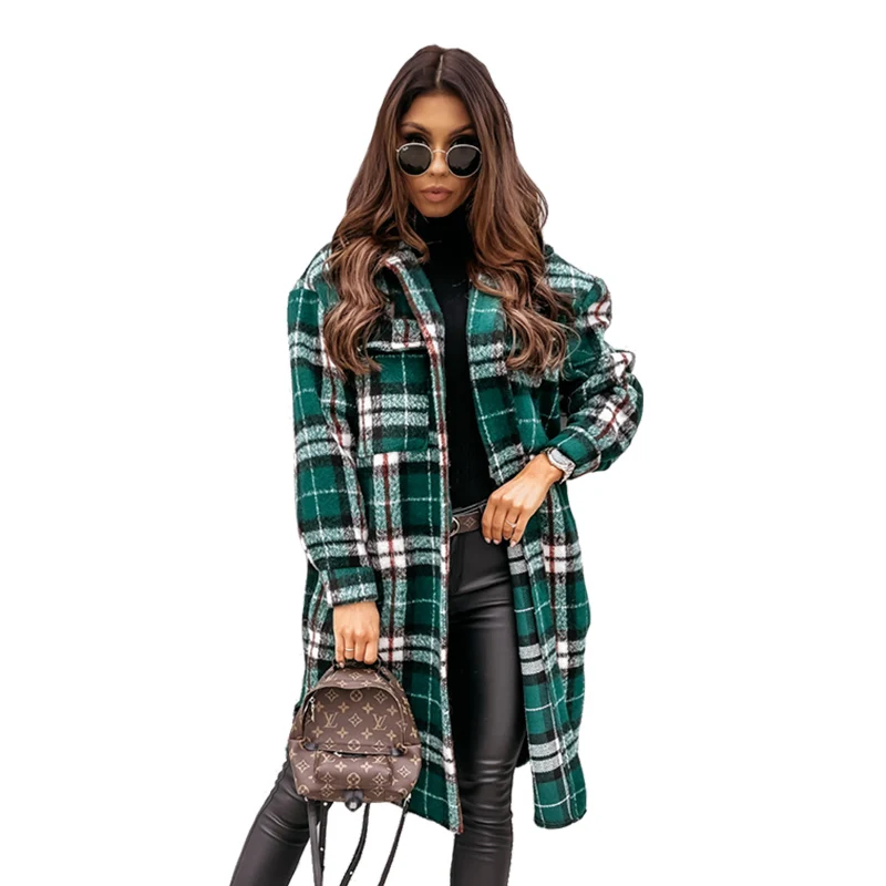 Осеннее женское винтажное длинное шерстяное пальто в клетку повседневное стиле