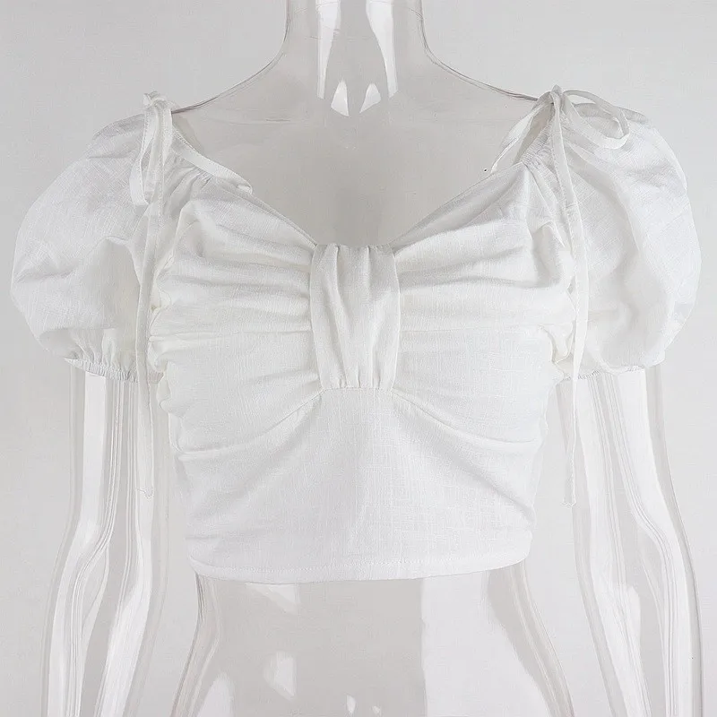 

Short Sleeve For Women 2021 French Sexy Solid Color Square Collar Pleated Bowknot Shirt Feminina JD1070
