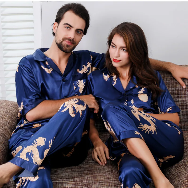 Couple Thin Silk Pajamas for Men Sleepwear Mens Pajama Set and Women Pajamas Set Short Sleeve Nightgown Sleep Wearman Silk