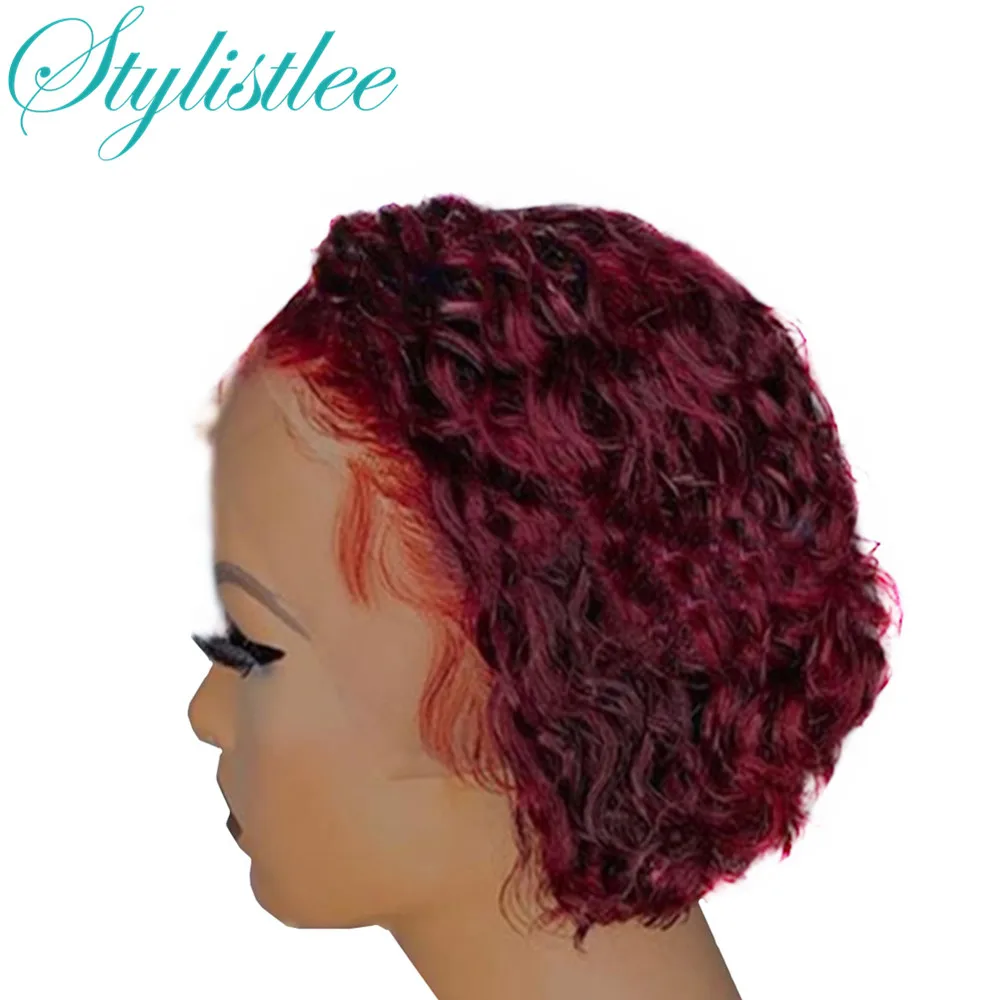 Pixie Cut Curly Wig 99J Red Short Brazilian T Part Lace Front 100% Human Hair Wigs For Women Highlight Black Remy | Шиньоны и парики