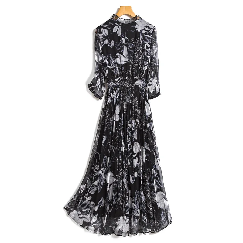 Standing collar silk Georgette flowered dress temperament-waist silk dress