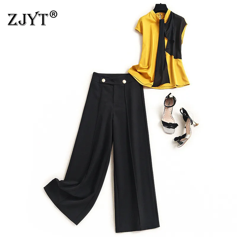

Elegant Summer Office Lady Suit Women 2021 New Color Block Satin Shirt and Wide Leg Pants 2 Piece Set Designers Party Outfits