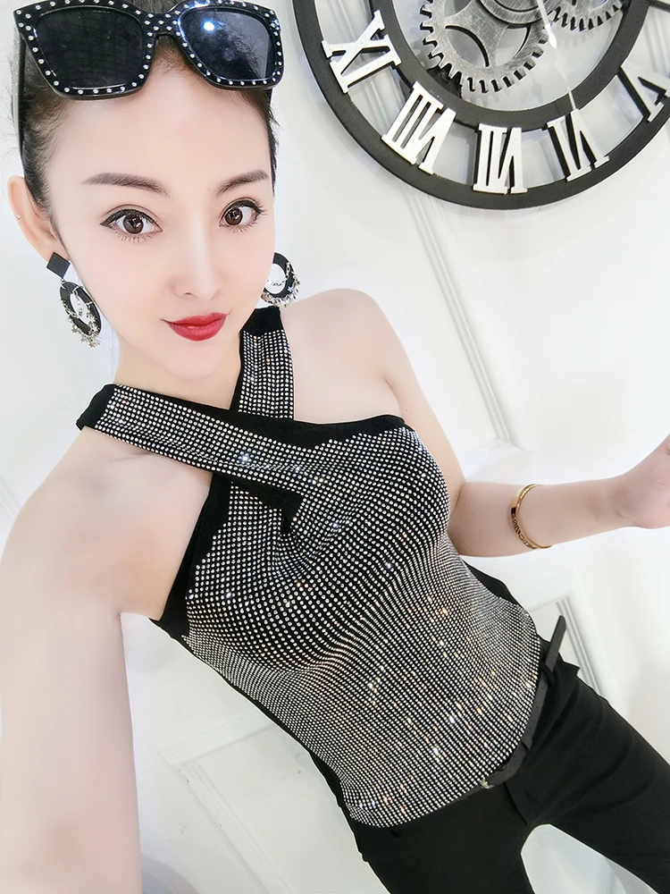 2020 Summer Tank Top Women's Sexy Halter Shirt Hot Drill Diamond Outer Wear Sleeveless Ladies Sext Tops | Женская одежда