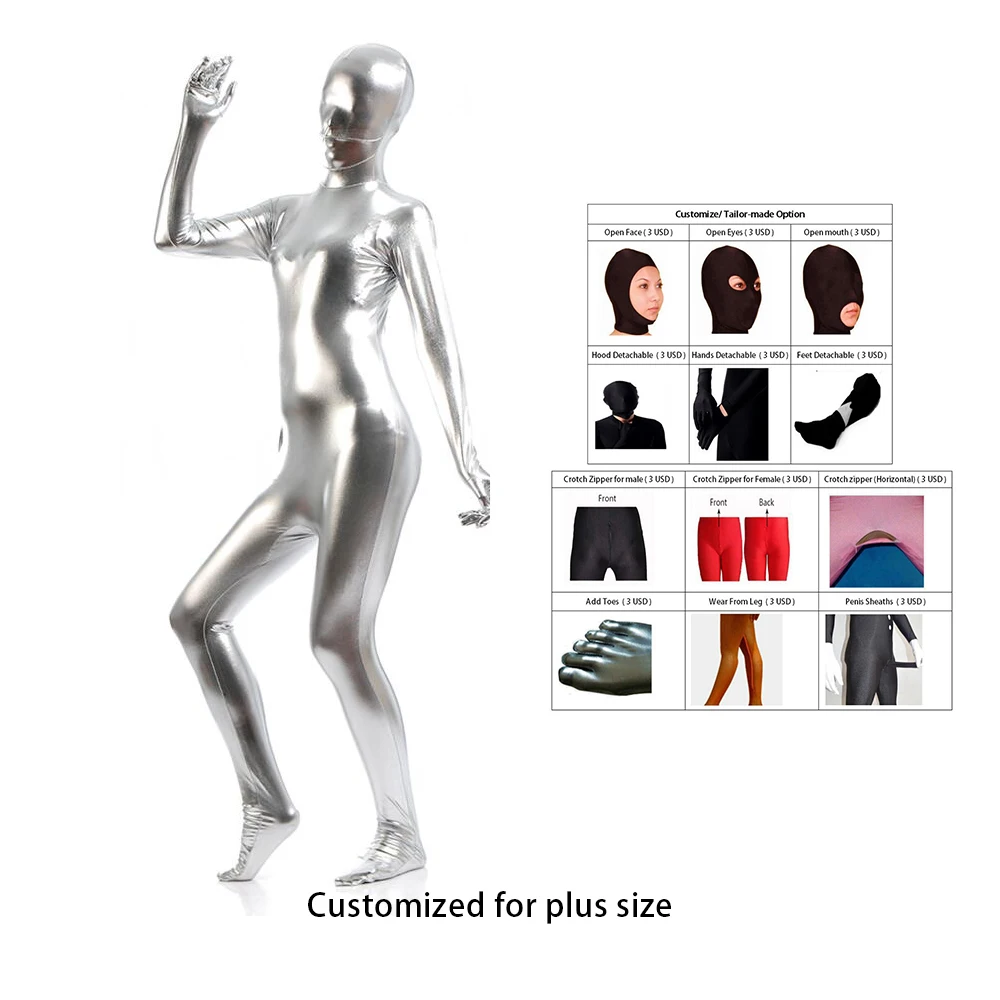 

2021 free ship bodysuit metallic Spandex Shiny Sliver women's Unitard Catsuits Metallic Footed Zipper Zentai Bodysuit Customize