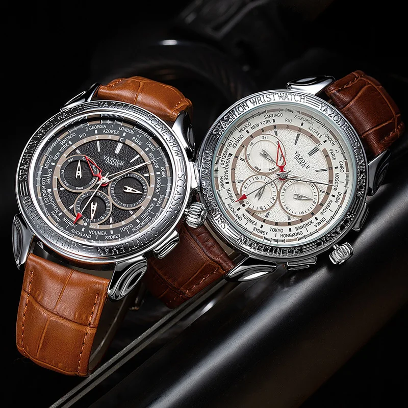 

Luxury Brand YAZOLE Men's Watch 3 Eyes Leather Band Business Watches Men Compass Design Fashion Casual Quartz Wristwatch relogio
