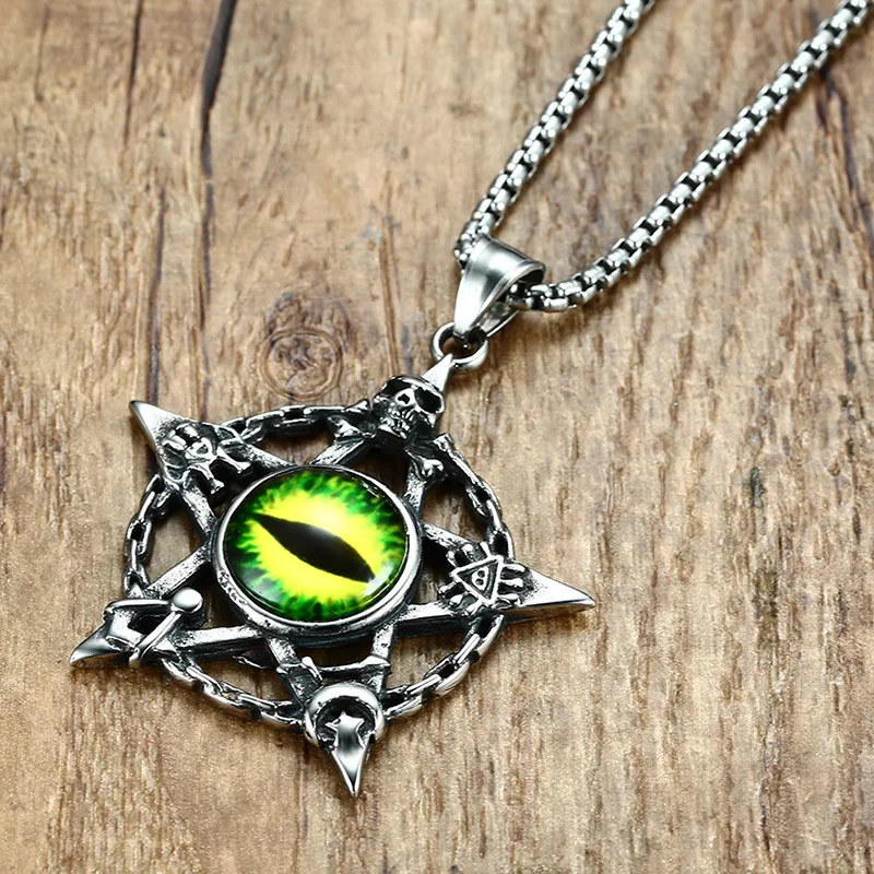 панк зеленый злая кошка глаз пятиконечная звезда кулон ожерелье для мужчин из