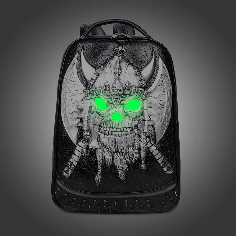 

2021 3D Emboss Luminous Skull Studded Rivet Gother Men Backpack Leather Soft Travel Punk Rock Women Backpack Laptop School Bag