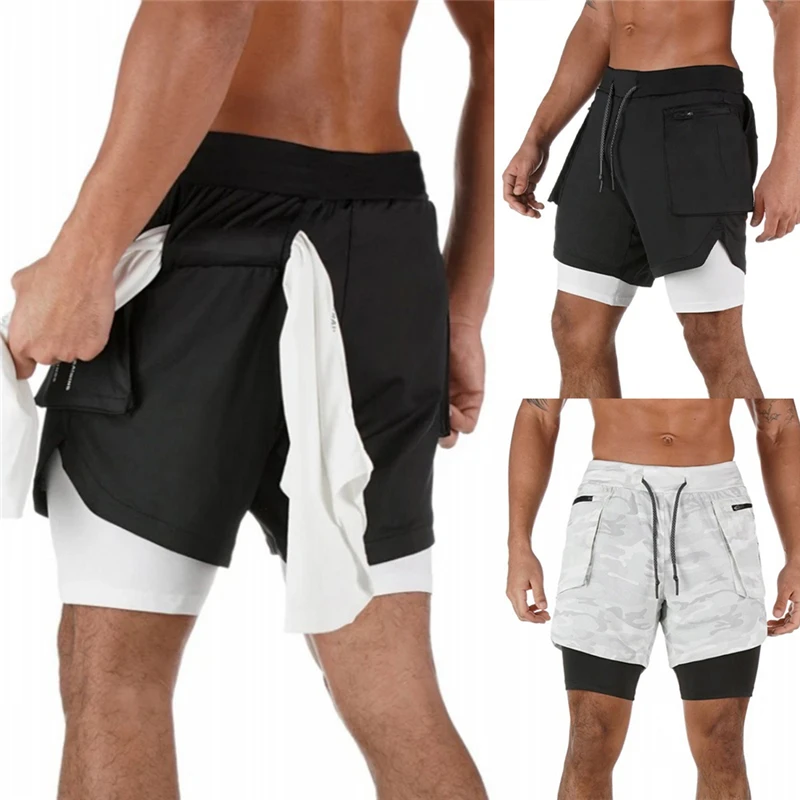 

Double Layer Jogger Shorts Men 2 in 1 Short Pants Gyms Fitness Built-in Pocket Quick Dry Beach Shorts Male Sweatpants