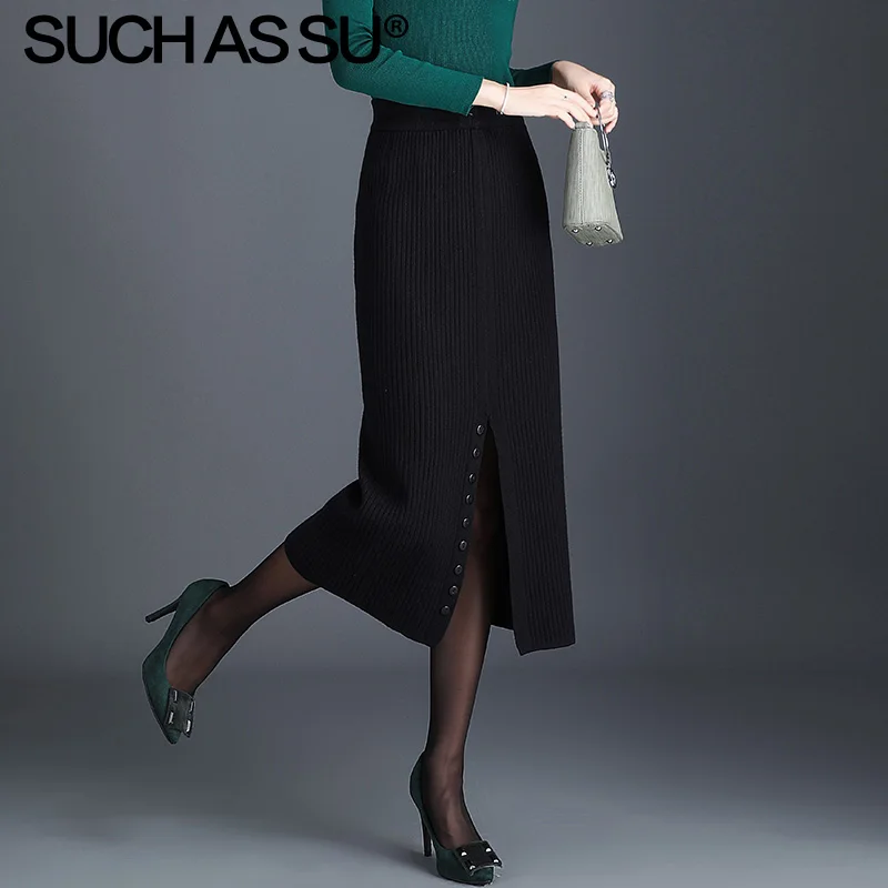 Black Skirt Новая Корейская вязаная женская юбка осень зима черная зеленая абрикосовая узкая юбка-карандаш на пуговицах с высоким разрезом Женская юбка с запахом - Цвет: Black Skirt