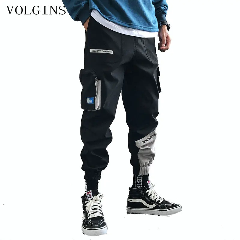 Мужские шаровары в Корейском стиле повседневные черные брюки карго для бега хип