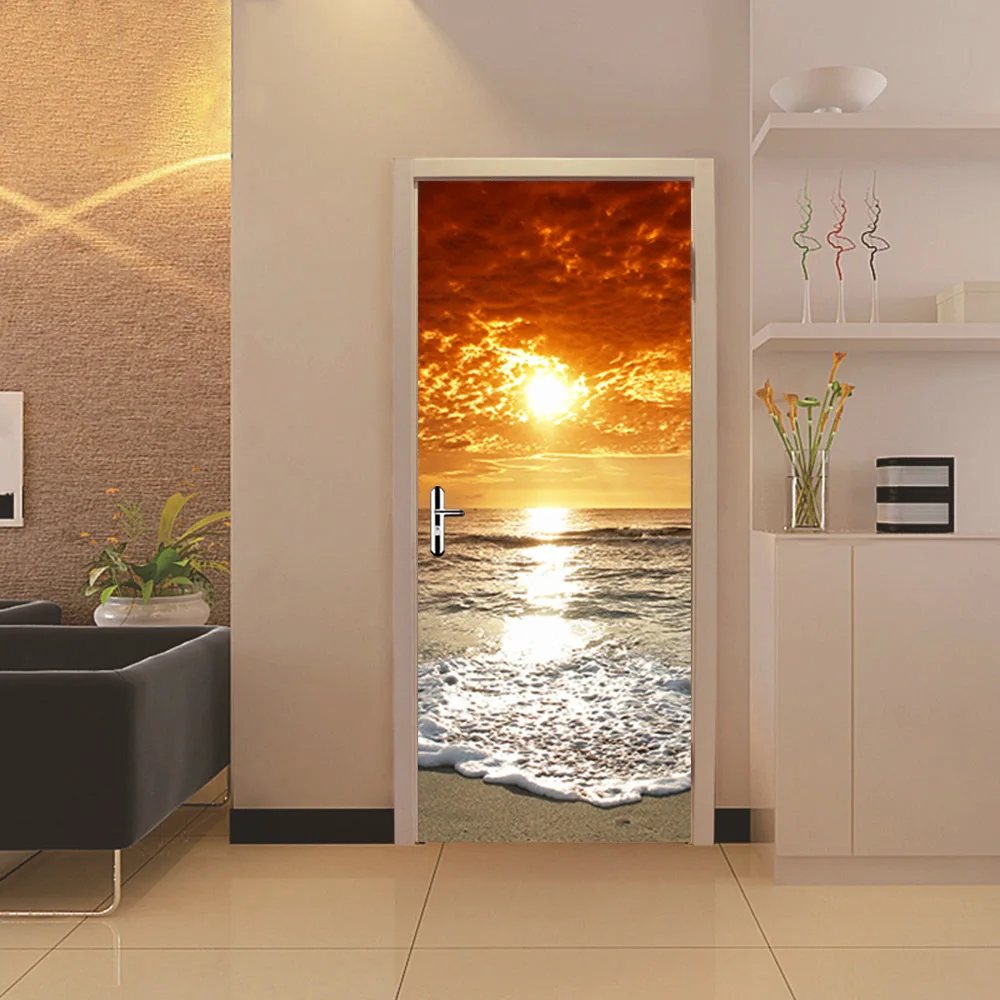 

Настенные Стикеры с закатом и сумерками, настенные наклейки на дверь, пляж, закат, морской пейзаж, деревянная фотография