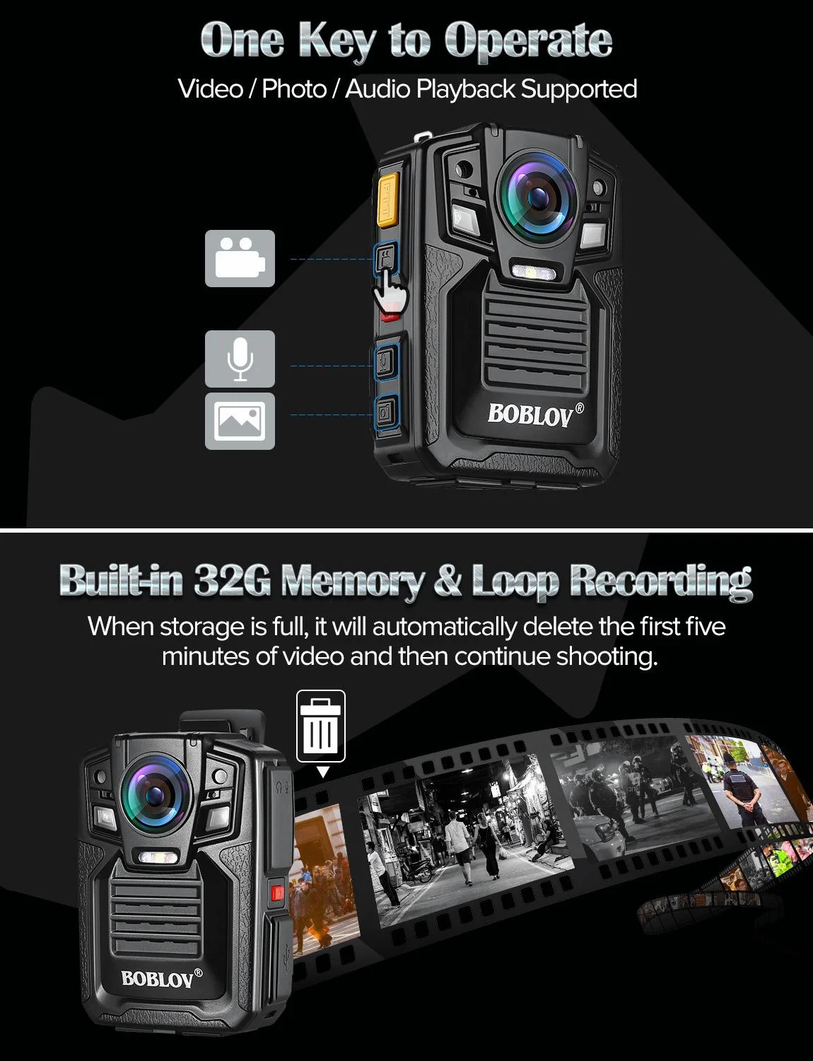 للبيع BOBLOV HD66-02 32GB/64GB HD 1296P كاميرا فيديو صغيرة الأمن الشرطة كاميرا يمكن حملها بالجسم للرؤية الليلية مسجل فيديو يمكن ارتداؤها كاميرا لرجال الشرطة
