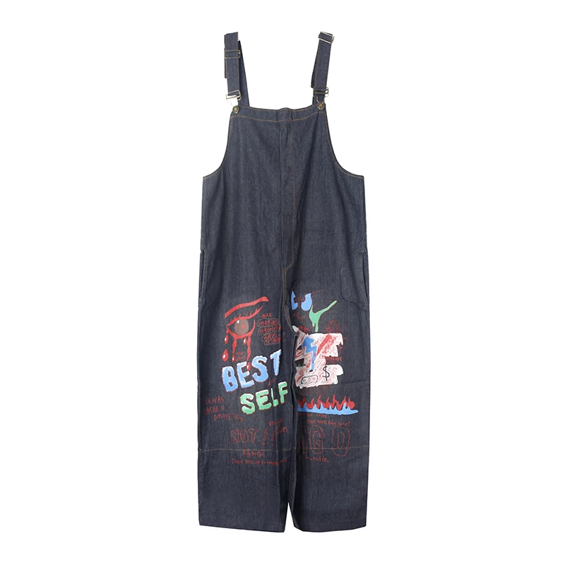 

Large size women's 2019 new tide hip hop denim bib female thin section loose fat mm graffiti piece long pants